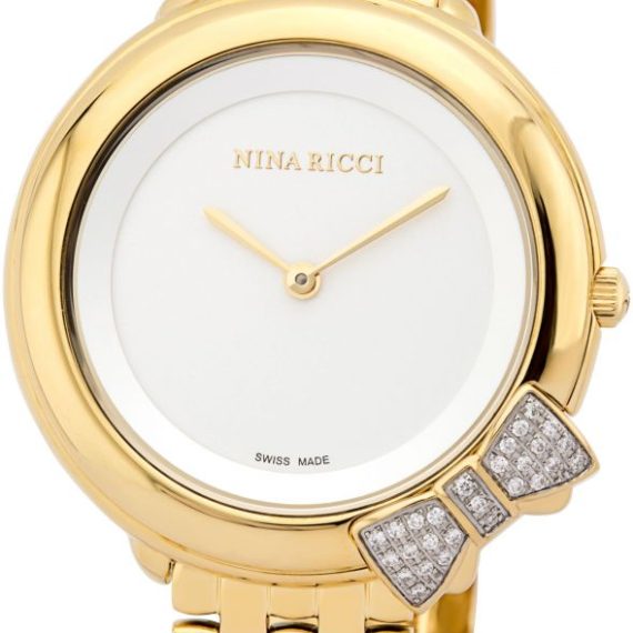 Nina Ricci Swiss Made IP Gold Case Silver White Glossy Dial Casual Ana With Free Gift