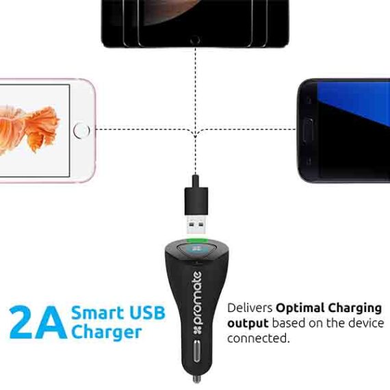 Promate Aria 2A USB Car Charger with Magnetic Charging Station and Min