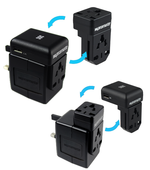 Promate Universal Travel Adapter with 2 Output Power Sockets & 2 USB p